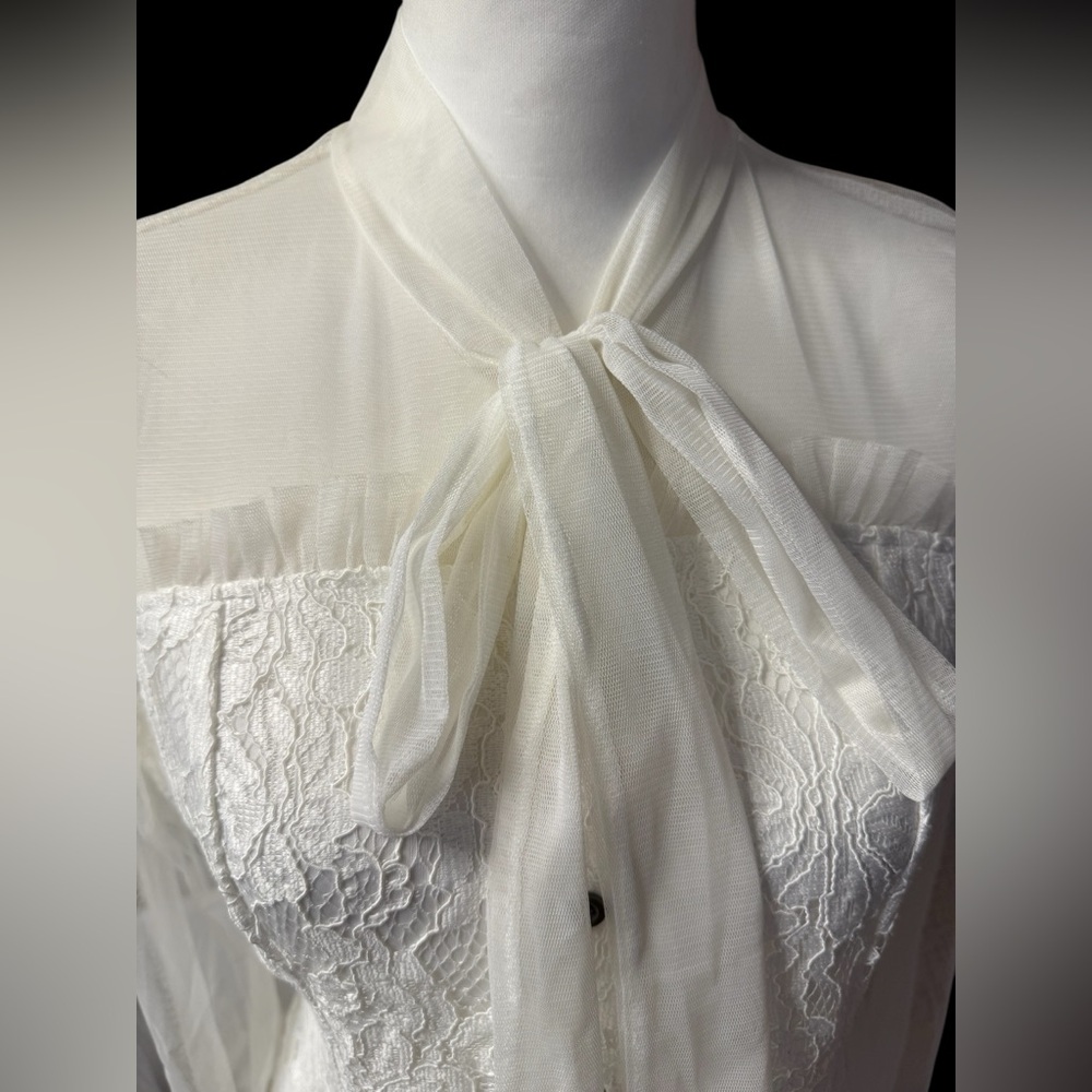 Impulsive white lace blouse with a bow collar and sheer sleeves sz Large - Picture 2 of 10